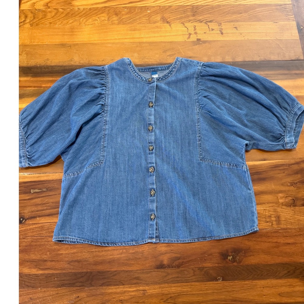 Old Navy Womens Denim Puff Sleeve Button Front Top Cottagecore Boho L